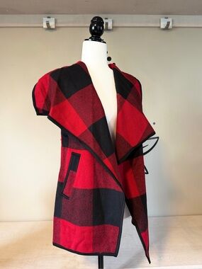 Red & Black Plaid Open Front Vest